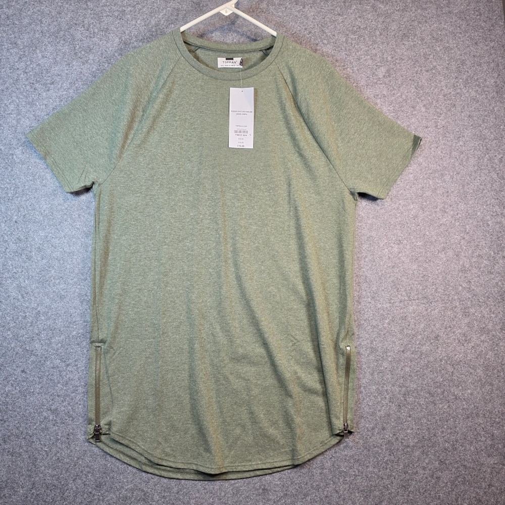 Topman Men's Longline Side Zip T-Shirt Khaki Green Raglan Sleeve 71Q01P KHA L